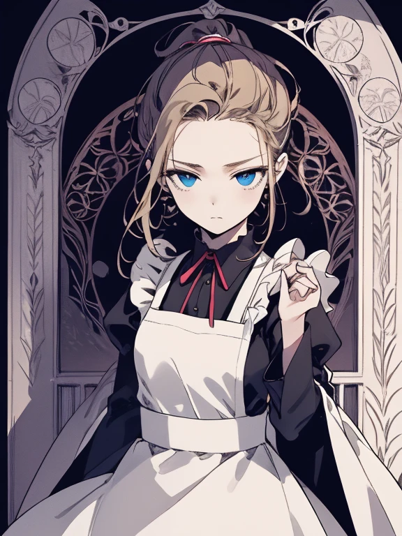 masterpiece, Highest quality, Very detailed, 16K, Ultra-high resolution, Cowboy Shot, Alice in Wonderland, (art nouveau:1.4), 10-year-old girl, Detailed face, panicking, blue eyes, blonde, Braiding, Long Hair, ponytail, Ribbon on head, Blue clothes, Plain white apron, 大きなclockのある部屋で, clock, 壁clock, Music Box