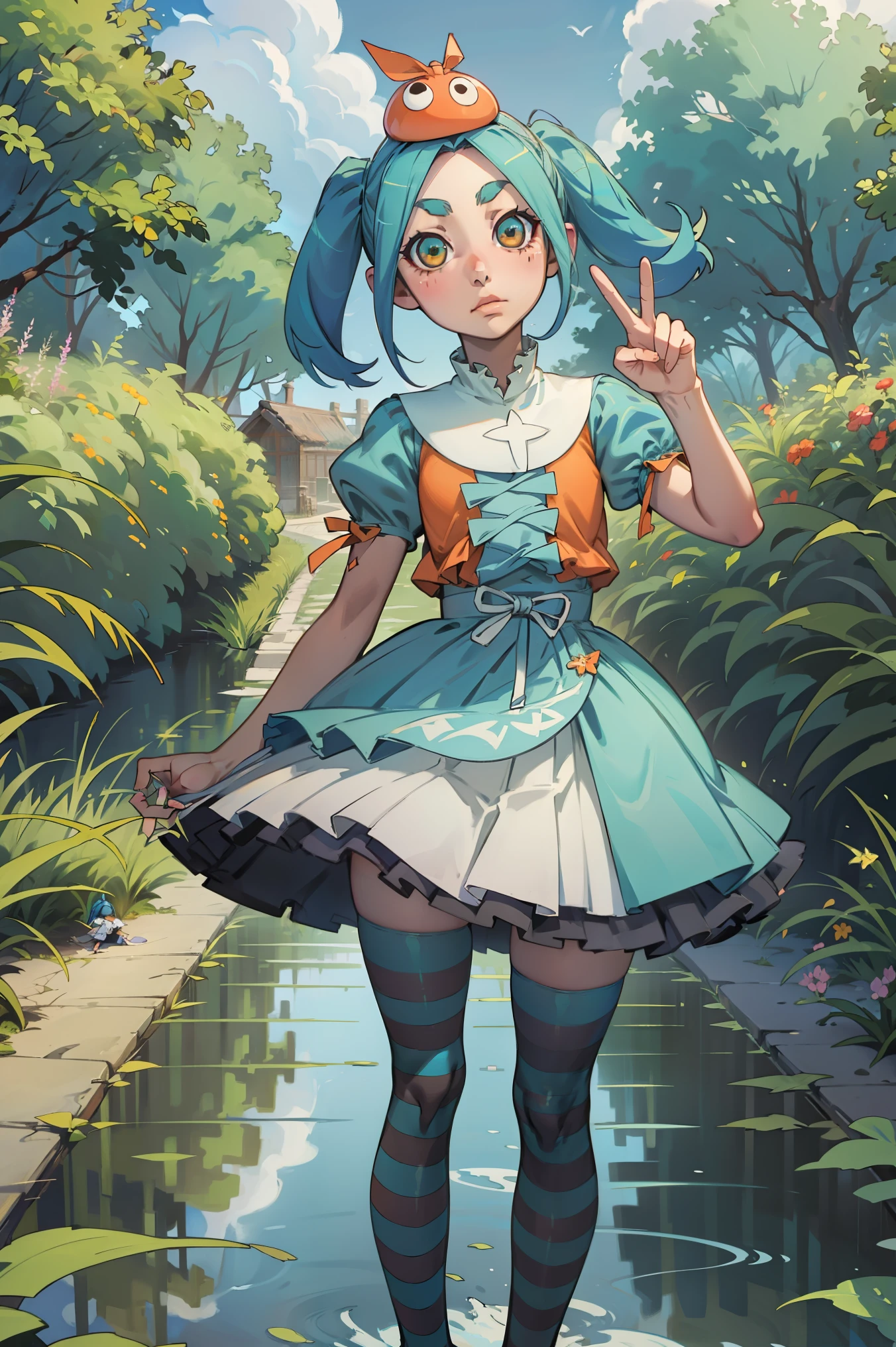 1 girl, standing alone, gazing at viewer,
ononokiyotsugi, water hair, shorth hair, olhos inerdes, twintails, Thick eyebrows, 
striped pantyhose, blue and gray pantyhose, inestir, orange inestir, throat of a branch turtle, white frills, ha, puff sleeves, manga curta, 
Garden, árinores, close up,
in, peace sign, 
inexpressiino, cloused mouth, Saturated colorful