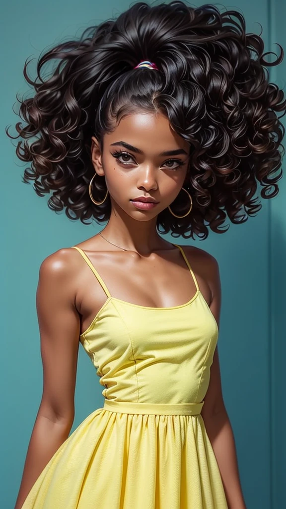 dark brown skin girl,16 years old, huge gorgeous afro hair and big eyes, wearing a yellow dress, soft expression. semi realistic. flat figure