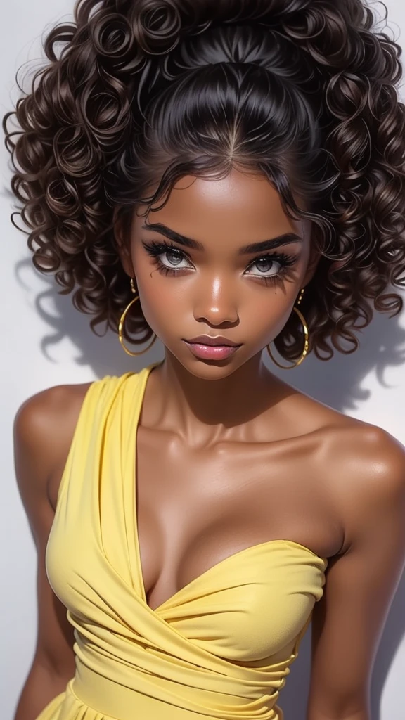 dark brown skin girl,16 years old, huge gorgeous afro hair and big eyes, wearing a yellow dress, soft expression. semi realistic. flat figure