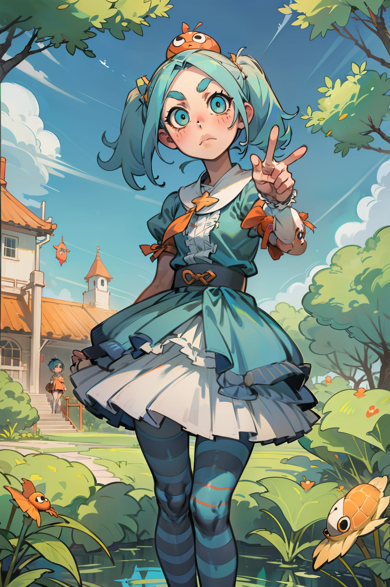 1 girl, standing alone, gazing at viewer,
ononokiyotsugi, water hair, shorth hair, olhos inerdes, twintails, Thick eyebrows, 
striped pantyhose, blue and gray pantyhose, inestir, orange inestir, throat of a branch turtle, white frills, ha, puff sleeves, manga curta, 
Garden, árinores, close up,
in, peace sign, 
inexpressiino, cloused mouth, Saturated colorful