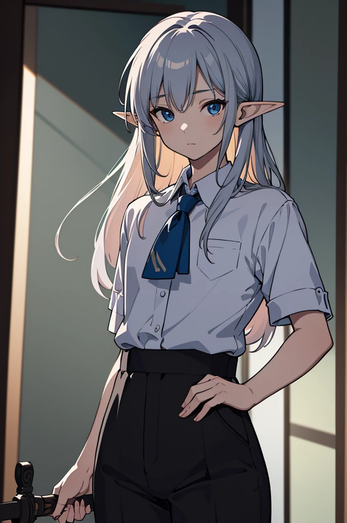 1 anime male elf with deep blue eyes, Long hair of light silver color, Wearing a white collared shirt and slacks, Ready your sword, dramatic cinematic lighting, Gloomy atmosphere, Intricate details, Fantasy, dramatic, Japanese architecture, Very detailed, (Highest quality,4K,8K,High resolution,masterpiece:1.2),Super detailed,High resolution,超High resolution,Studio Lighting,Ultra-fine painting,Very detailed説明,Vibrant colors,good looking,Thin arms