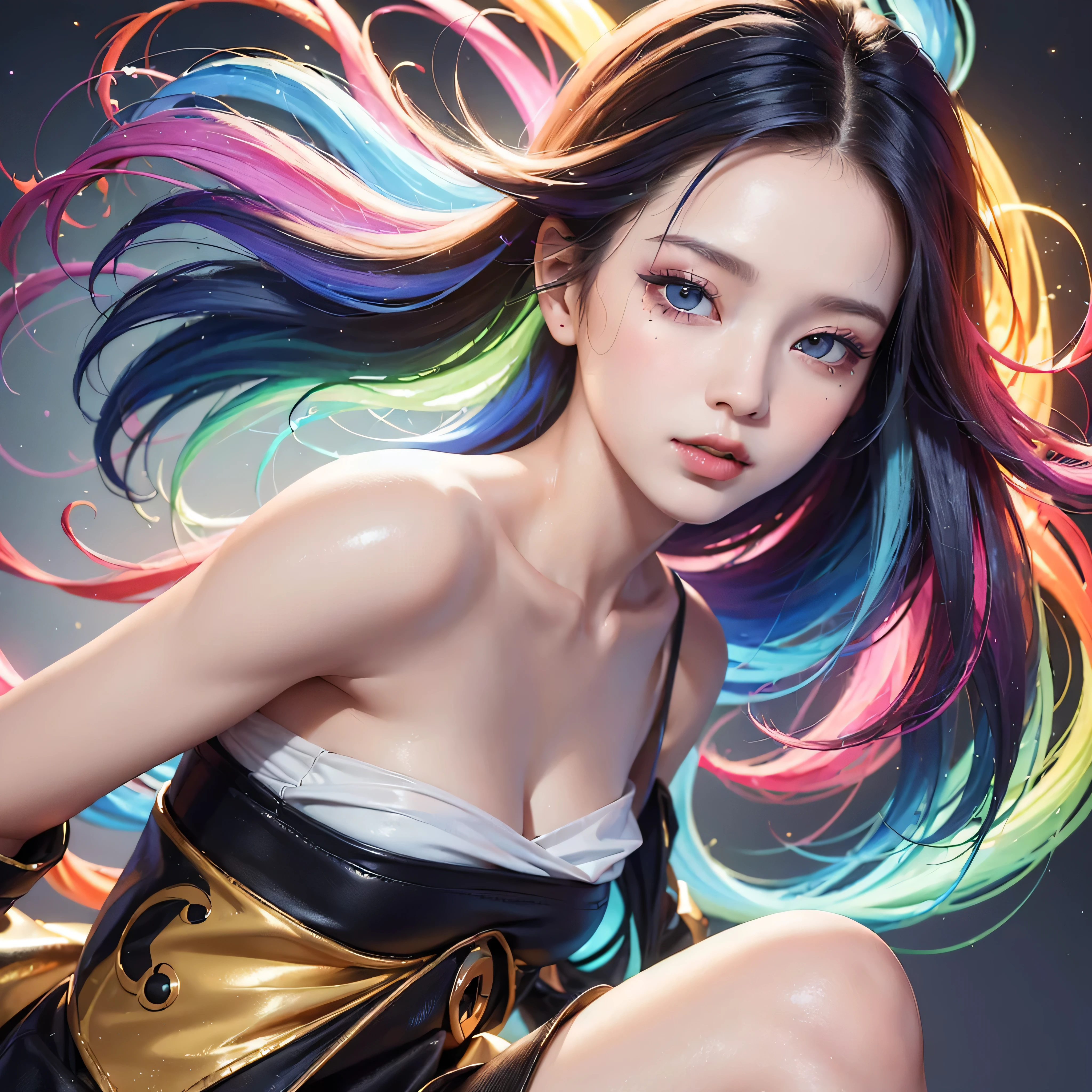 (Best Quality, Masterpiece, Ultra High Definition, High resolution, highly detailed, High Definition Face:1.5), (Vivian Hsu:1.2), 20-year-old woman, 1 beautiful woman, (Neon Color Fashion, colorful fashion, Colorful Style, Vibrant colors:1.3), beautiful eyes, light in the eyes, eyes are in focus, white skin, Glossy, shiny skin, very Fair skin, violently fluttering hair, random hair styles, random hair color, Slim