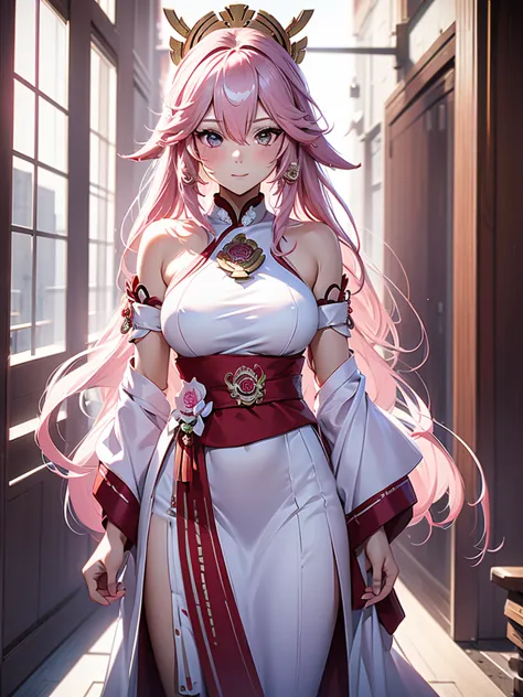 Yae miko, 1woman, as a bride, wearing only a white wedding dress, at a wedding ceremony , pink colour hair, 8k, high detailed, h...