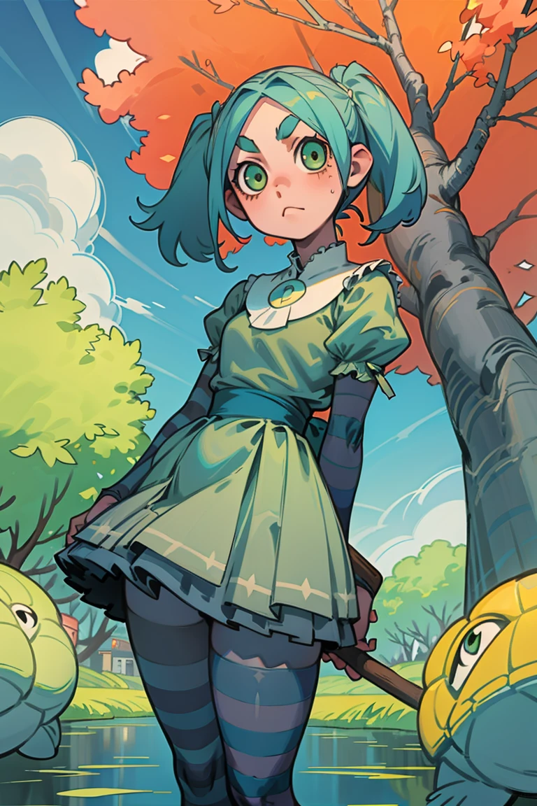 1 girl, standing alone, gazing at viewer,
ononokiyotsugi, water hair, shorth hair, greeneyes, twintails, Thick eyebrows, 
striped pantyhose, blue and gray pantyhose, don, orange don, throat of a branch turtle, white frills, ha, puff sleeves, manga curta, transparentes, degree of transparency 50%) ,ssmile , adorable face , cowboy shot, About KelvinHiuArt ,flat-colors, ,outline,
Garden, trees, close up,
unexpressive, cloused mouth,