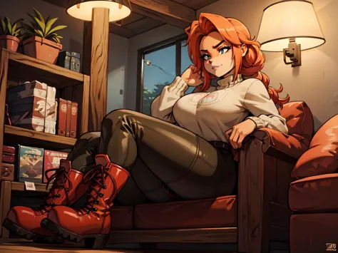 A red-haired girl with braided hair wearing a 
cozy sweater, camouflage  pants, and army combat boots, relaxing seduce face The ...