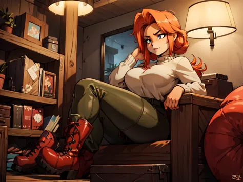 A red-haired girl with braided hair wearing a 
cozy sweater, camouflage  pants, and army combat boots, relaxing seduce face The ...