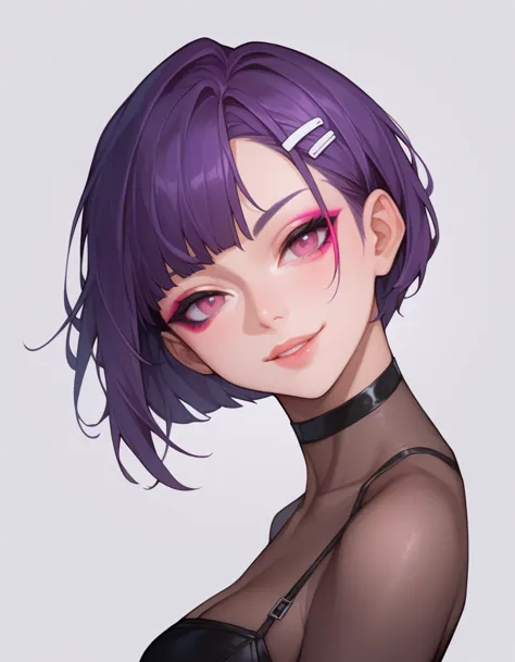 1 girl, pale skin, lips, eyelash, purple hair, short hair, (bob cut), pink eyes, colored eyelash, permanent, a faint smile, head...