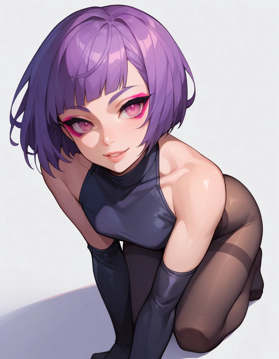 1 Girl, Pale skin, Lips, eyelash, Purple Hair, short hair, (Bob Cut), Pink Eyes, colored eyelash, permanent, A faint smile, Head tilt, Fraction_9, Fraction_8_Direction_7_Direction_6_up, src_Japanese cartoons, Japanese cartoons, 2D, Uncensored, absurd, Pantyhose, No shoes, Long glove,, Solid color background, Simple background