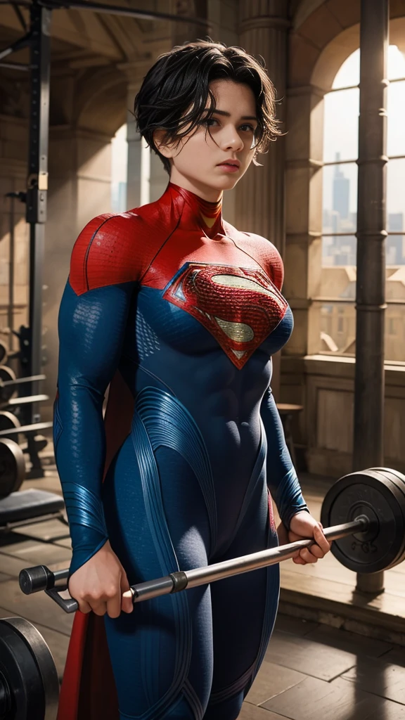 solo, 1girl, 5uper, supergirl, black hair, pixie haircut, blue eyes,muscular strong body,big bulging biceps, blue bodysuit,posing,flexing, long sleeves,in gym,lifting weights,high detail,realistic
