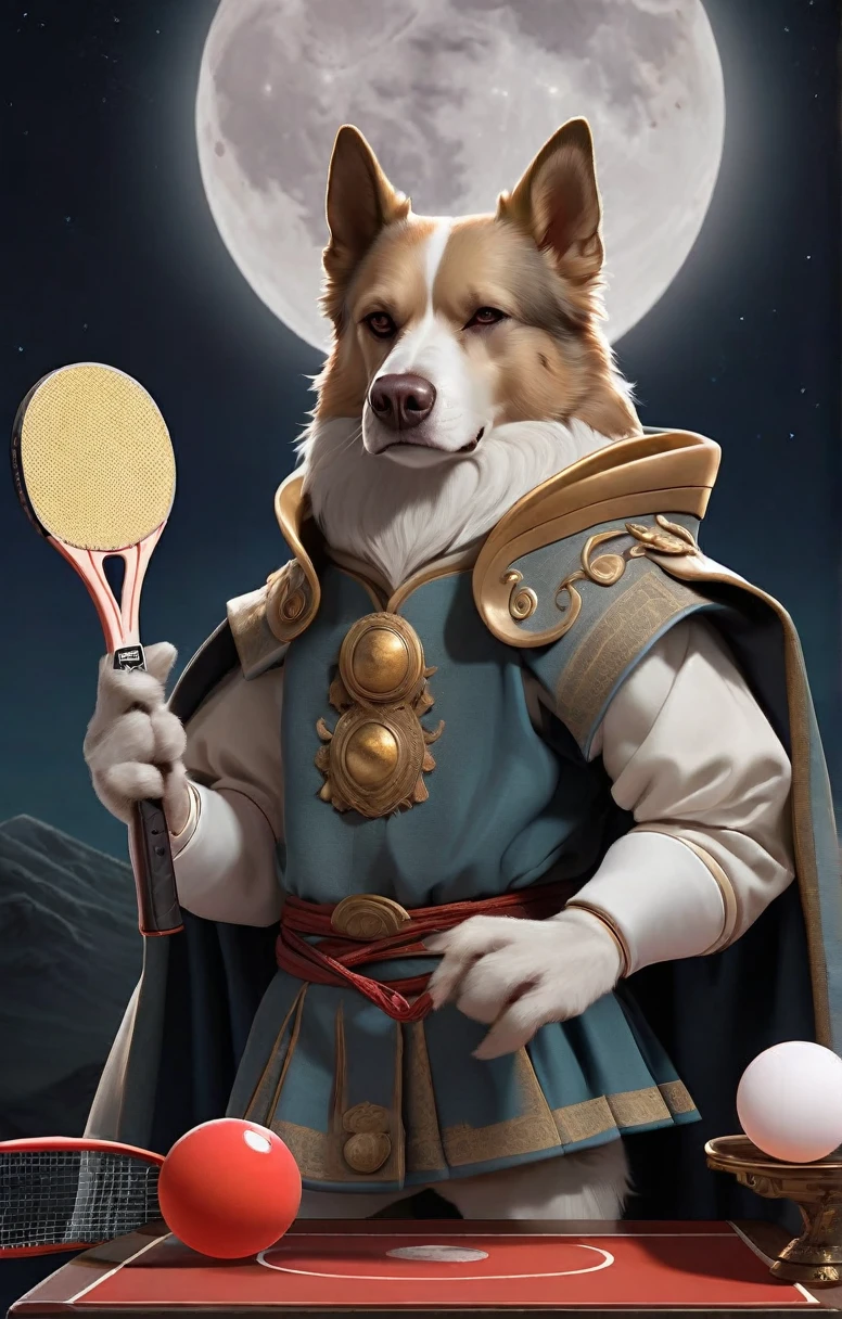 An anthropomorphic dog holding a table tennis racket,
dark and brooding The Dog King
moon background
Inspired by the Classic of Mountains and Seas,
photographic portrait, sharp, 
animation style