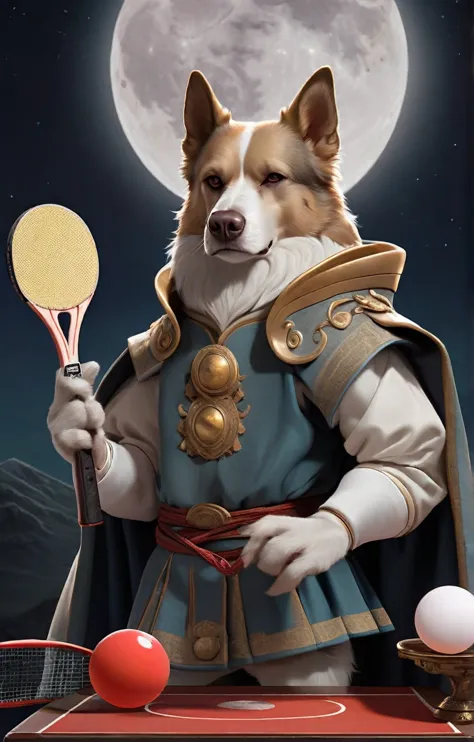 An anthropomorphic dog holding a table tennis racket,
dark and brooding The Dog King
moon background
Inspired by the Classic of ...