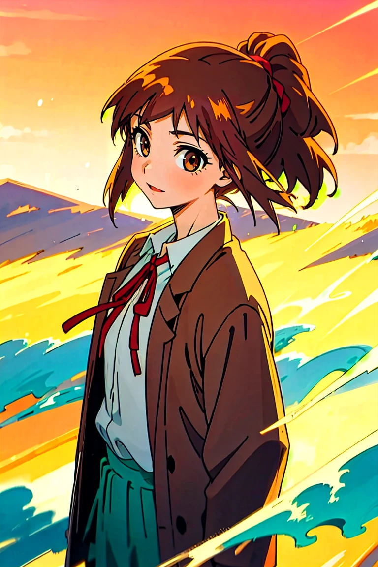 (masterpiece, best quality:1.2), samidare asahina, 1girl, brown eyes, brown hair, jacket, long sleeves, neck ribbon, ocean, red sky, dawn, ponytail, red ribbon, ribbon, , shirt, short hair, solo, sunset, white shirt, (anime, high details, super detail:1.55)