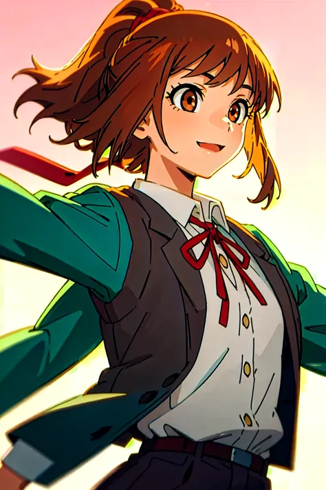 (masterpiece, best quality:1.2), samidare asahina, 1girl, brown eyes, brown hair, jacket, long sleeves, neck ribbon, ocean, red ...