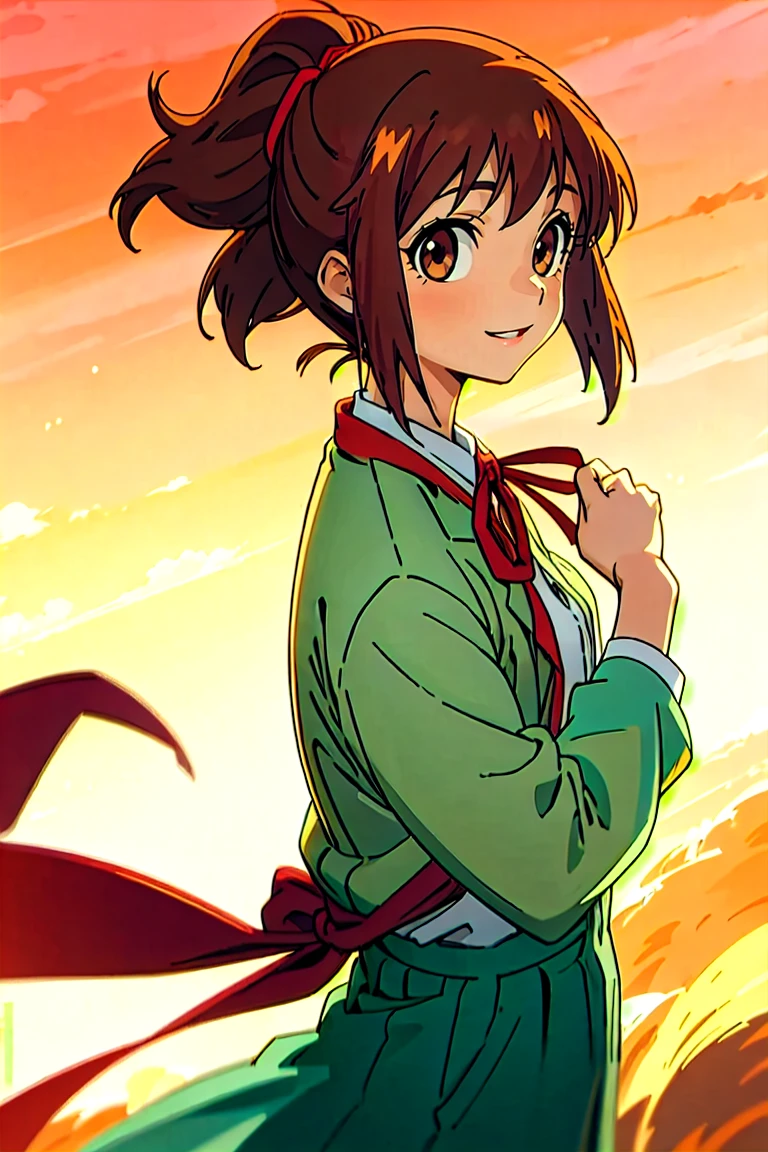 (masterpiece, best quality:1.2), samidare asahina, 1girl, brown eyes, brown hair, jacket, long sleeves, neck ribbon, ocean, red sky, dawn, ponytail, red ribbon, ribbon, rose garden, shirt, short hair, solo, white shirt, (anime, high details, super detail:1.55)