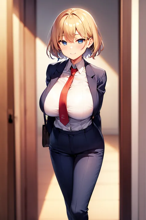 ((huge breasts))、blonde、very short hair、blue eyes、narrow waist、student、navy blue blazer、slacks、necktie、tall、red cheeks、perm、put ...