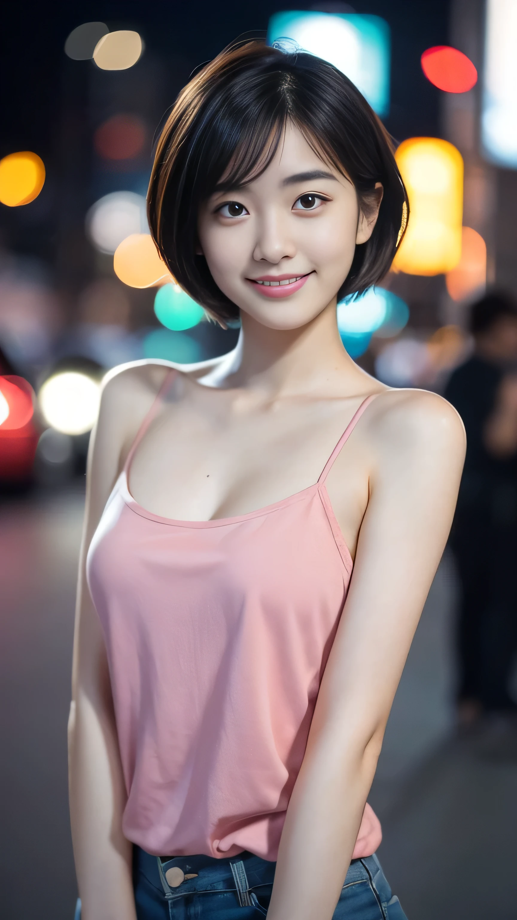 Highest quality，high resolution，8K  UHD, SLR camera，1 girl，Japanese University Students，18 years old，(camisole)，short hair style，Very beautiful face，(Ultra-high-definition images)，(An extremely beautiful face)，(HD Skin:1.2)，Smiling and looking at camera，A meticulous smile，(real picture)，((((Upper body photo))))，Background New York night scene，Blurred Background，Soft and bright sunlight lighting