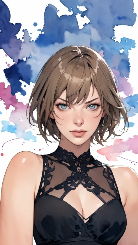 (masterpiece:1.2, Highest quality),8K,wallpaper,(Watercolor),(Milla Jovovich), Upper body close-up,front,short hair,Wearing a bl...