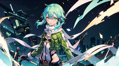 1 girl in、under the rain、face perfect、The night sky is beautiful、sinon1, scarf, fingerless gloves, long sleeves, short shorts, h...