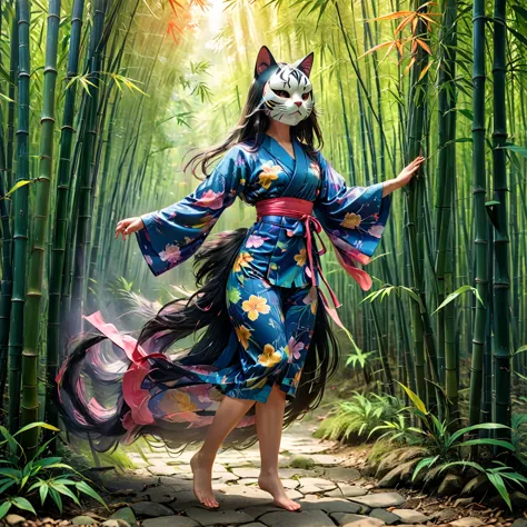 girl wearing a japanese style cat mask、 japanese、wearing a yukata、long straight hair with bangs、inside the bamboo forest、complex...