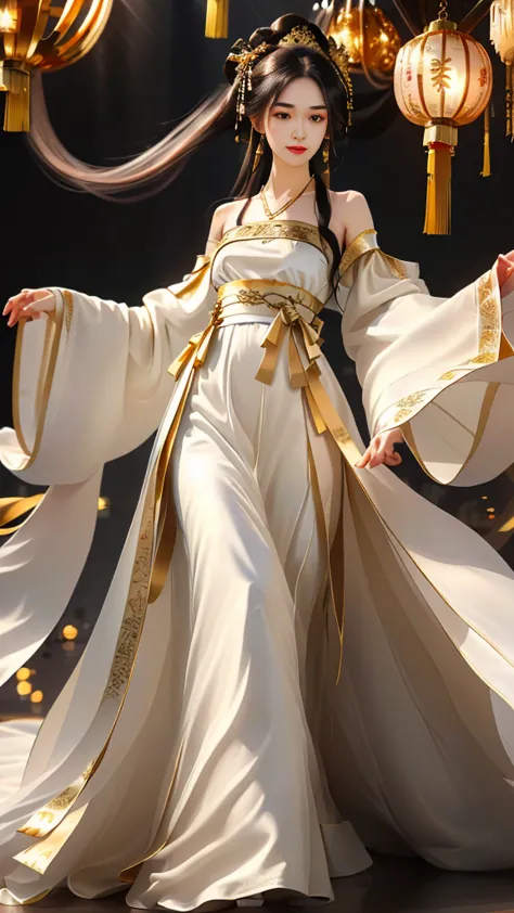 Girl in traditional Chinese clothing, Hanfu, Guzhen Hanfu women, gold Hanfu,(long straight black hair:1.5), black eyes, black bu...