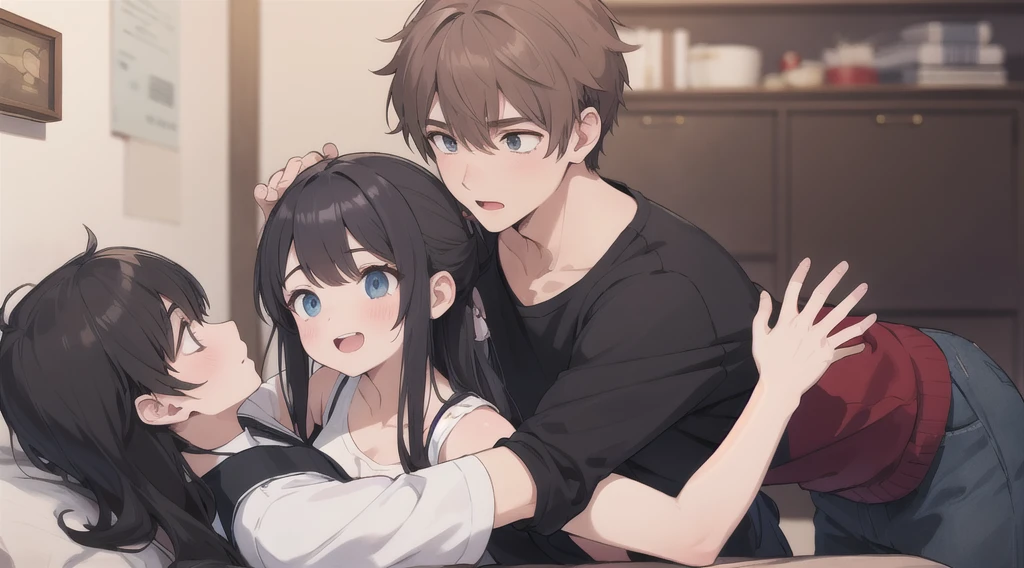 2person ,1girl, Grab 1boy&#39;s arm,Press to the chest,Blue Hair, Twin tails, Hair between the eyes, hair bow, eyebrows visible through hair,nipple, , {{{man hand on breasts,}}},, orgasm, portrait, best quality, very aesthetic,