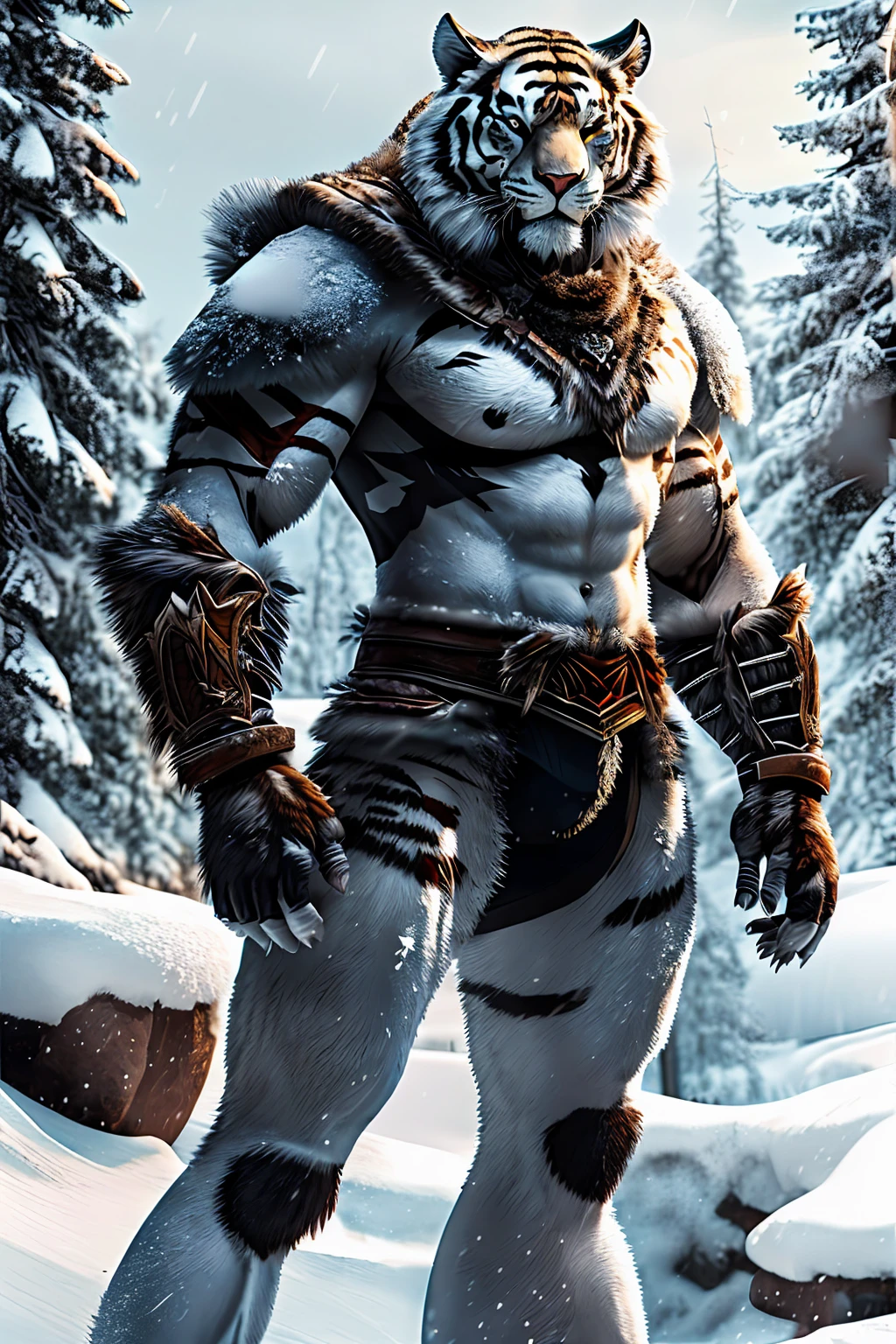 Tigre mutante apoiado em duas pernas, Fundo de neve, brutal!, Coloque a armadura, grandes garras, sedenta por sangue, Um grande, pelo Grosso, sem painel traseiro, Fundo de neveมืดมิด, conjuntivite, aura demoníaca