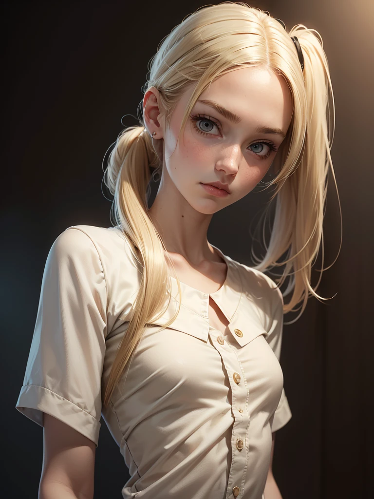 (best quality), 1girl, female, porcelain skin, blonde hair, straight hair, medium hair, ponytail, swoopy tips, Flipped-up ends, brown eyes, perfect eyes, slender, cute clothes, small bust, shy, masterpiece, anatomically correct, highres
