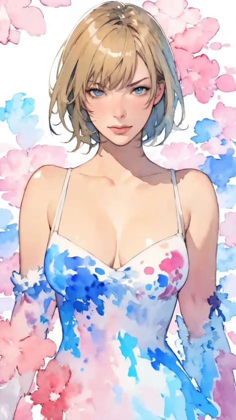 (masterpiece:1.2, Highest quality),8K,wallpaper,(((Watercolor))),(Milla Jovovich), Upper body close-up,front,short hair,Wearing a dress that blends into the background,Perfect Eyes,Detailed face,,Sexy expression,Cool woman,),(Abstract background)