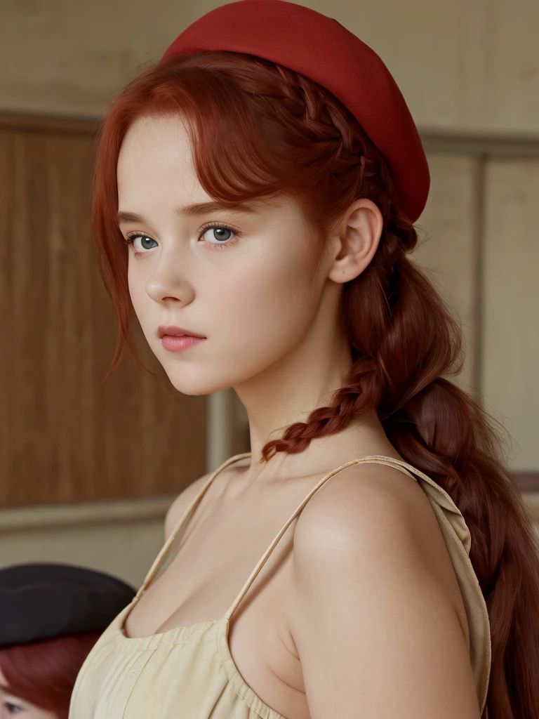 (masterpiece, best quality, cinematic, volumetric lighting, very detailed, high resolution, sharp, sharp image, 4k, 8k, 35 mm, one girl), ((a girl in classroom, she wears long dress and beret, shy, braided red hair, pale skin)), ((slim body, very large bust size for her young age))