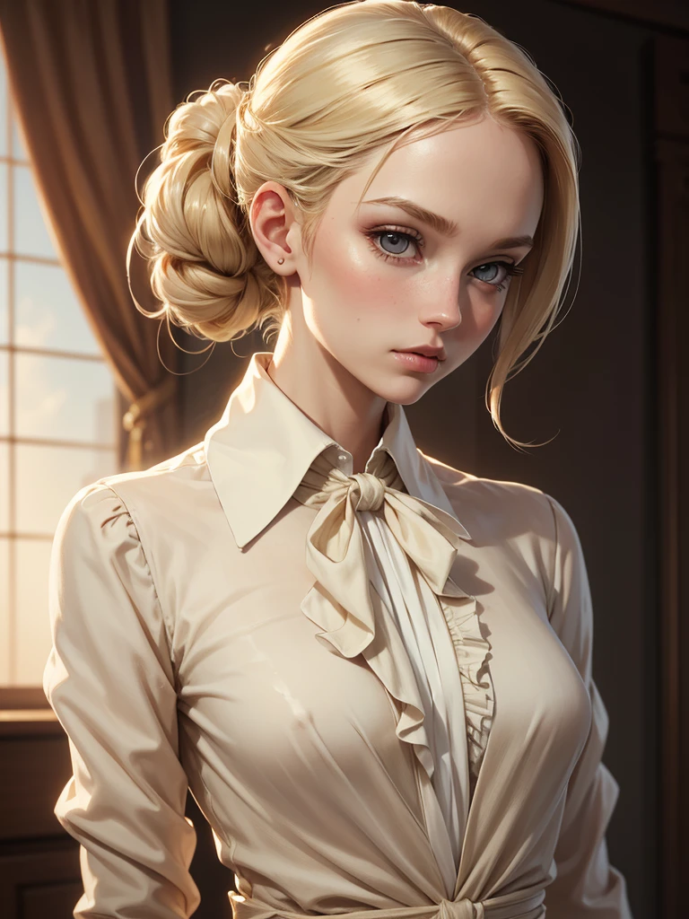 (best quality), 1girl, female, porcelain skin, blonde hair, straight hair, medium hair, elegant up-do, swoopy tips, Flipped-up ends, brown eyes, perfect eyes, slender, cute clothes, small bust, shy, masterpiece, anatomically correct, highres
