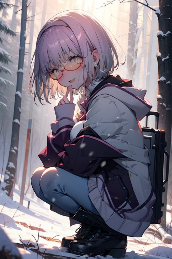 akaneshinjou, shinjou akane, Light purple hair, (Pink Eyes:1.2), short hair,Akagi Glasses,hair band,smile,blush,White Breath,Big Breasts,
Open your mouth,snow,Ground bonfire, Outdoor, boots, snowing, From the side, wood, suitcase, Cape, Blurred, having meal, forest, White handbag, nature,  Squat, Mouth closed, Cape, winter, Written boundary depth, Black shoes, red Cape break looking at viewer, Upper Body, whole body, break Outdoor, forest, nature, break (masterpiece:1.2), Highest quality, High resolution, unity 8k wallpaper, (shape:0.8), (Beautiful and beautiful eyes:1.6), Highly detailed face, Perfect lighting, Highly detailed CG, (Perfect hands, Perfect Anatomy),