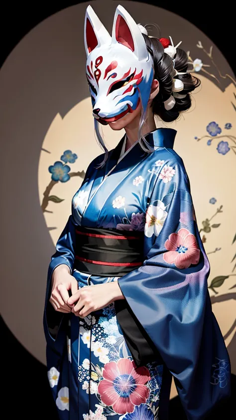 fox mask、silver hair、blue kimono、one girl, official art, unity 8k wallpaper, super detailed, beautifully、aesthetic, masterpiece,...