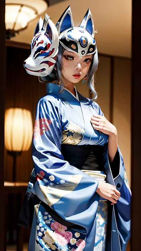 fox mask、silver hair、blue kimono、one girl, official art, unity 8k wallpaper, super detailed, beautifully、aesthetic, masterpiece,...