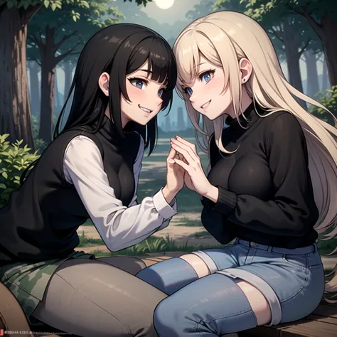 devious lesbian girls in black sweaters, gray camouflage pants, smiling and looking at each other seductively, forest at night,