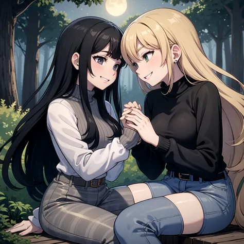   Devious Lesbian Girls in Black Sweaters, gray camouflage pants, smiling and looking at each other seductively, forest at night...