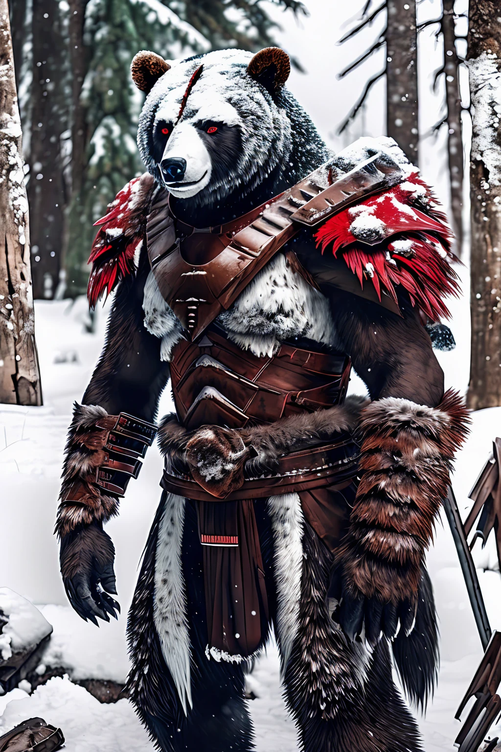 Bärenmutant steht auf zwei Beinen, Schnee-Hintergrund, brutal!, ziehe eine Kriegerrüstung an, große Krallen, Durstig nach Blut, Großer, Dickes Fell, keine Rückwand, Schnee-Hintergrundมืดมิด, Bindehautentzündung, dämonische Aura