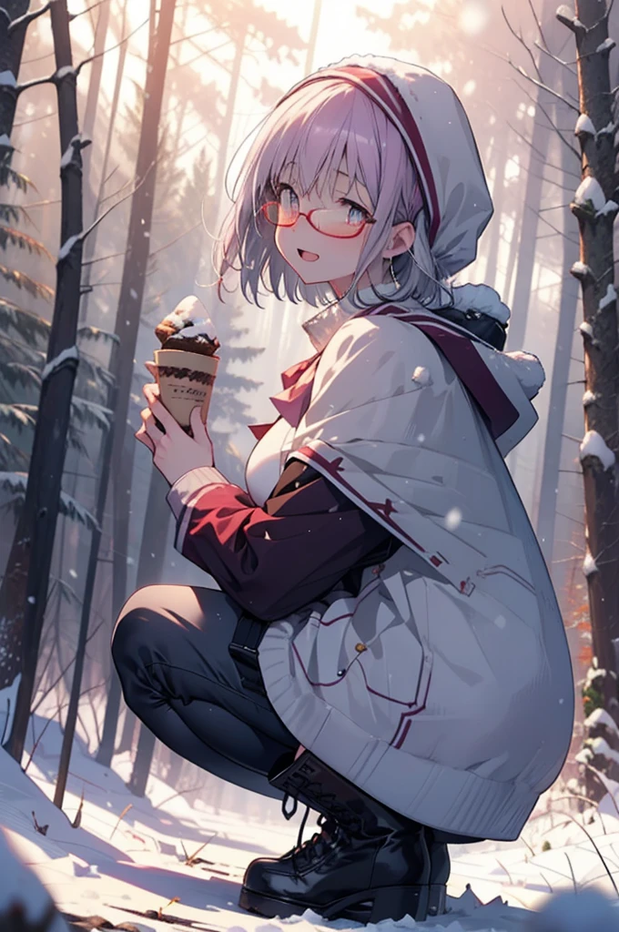 akaneshinjou, shinjou akane, Light purple hair, (Pink Eyes:1.2), short hair,Akagi Glasses,hair band,smile,blush,White Breath,Big Breasts,
Open your mouth,snow,Ground bonfire, Outdoor, boots, snowing, From the side, wood, suitcase, Cape, Blurred, having meal, forest, White handbag, nature,  Squat, Mouth closed, Cape, winter, Written boundary depth, Black shoes, red Cape break looking at viewer, Upper Body, whole body, break Outdoor, forest, nature, break (masterpiece:1.2), Highest quality, High resolution, unity 8k wallpaper, (shape:0.8), (Beautiful and beautiful eyes:1.6), Highly detailed face, Perfect lighting, Highly detailed CG, (Perfect hands, Perfect Anatomy),