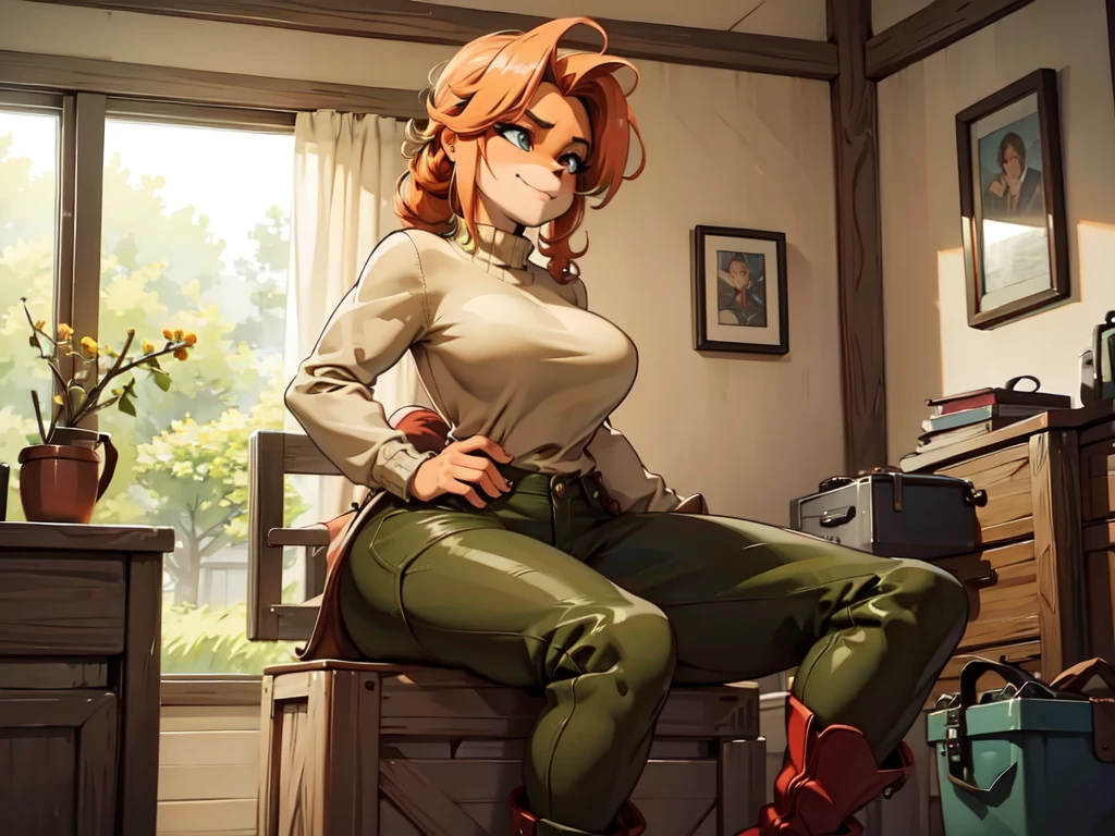 (best quality,4k,8k,highres,masterpiece:1.2),ultra-detailed,realistic:1.37,portrait,anthro bandicoot girl redhead, braided hair, beautiful green eyes, relaxing moment, sexy ,seductive, warm sweater, camouflage pants, army boots, smirking, cozy lighting, vibrant colors , girl anthro , sweater, camouflage pants, army boots, hands to pants 