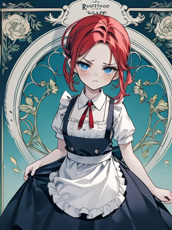 masterpiece, Highest quality, Very detailed, 16K, Ultra-high resolution, Cowboy Shot, Alice in Wonderland, (art nouveau:1.4), 10-year-old girl, Detailed face, freckles, (frown:1.5), blue eyes, Red hair, Braiding, Long Hair, ponytail, Ribbon on head, Blue clothes, Plain white apron, 大きなclockのある部屋で, clock, 壁clock, Music Box