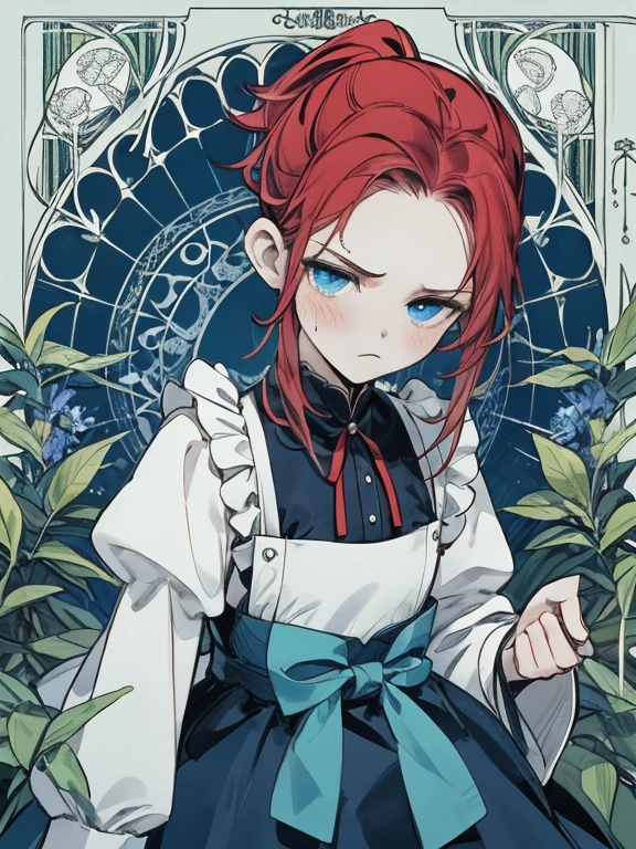 masterpiece, Highest quality, Very detailed, 16K, Ultra-high resolution, Cowboy Shot, Alice in Wonderland, (art nouveau:1.4), 10-year-old girl, Detailed face, freckles, (frown:1.5), blue eyes, Red hair, Braiding, Long Hair, ponytail, Ribbon on head, Blue clothes, Plain white apron, 大きなclockのある部屋で, clock, 壁clock, Music Box