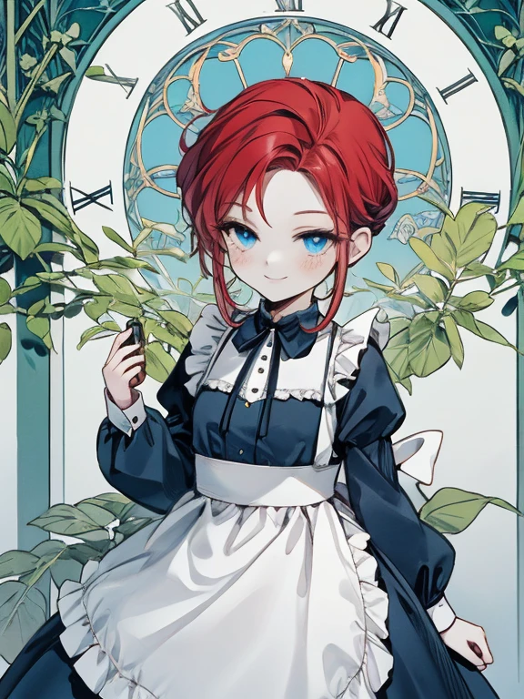 masterpiece, Highest quality, Very detailed, 16K, Ultra-high resolution, Cowboy Shot, Alice in Wonderland, (art nouveau:1.4), 10-year-old girl, Detailed face, freckles, (smile:1.5), blue eyes, Red hair, Braiding, Long Hair, ponytail, Ribbon on head, Blue clothes, Plain white apron, 大きなclockのある部屋で, clock, 壁clock, Music Box