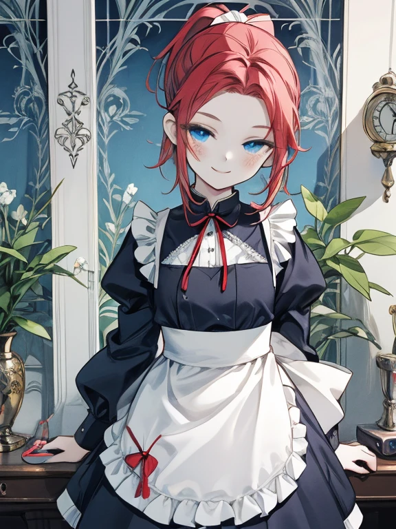 masterpiece, Highest quality, Very detailed, 16K, Ultra-high resolution, Cowboy Shot, Alice in Wonderland, (art nouveau:1.4), 10-year-old girl, Detailed face, freckles, (smile:1.5), blue eyes, Red hair, Braiding, Long Hair, ponytail, Ribbon on head, Blue clothes, Plain white apron, 大きなclockのある部屋で, clock, 壁clock, Music Box