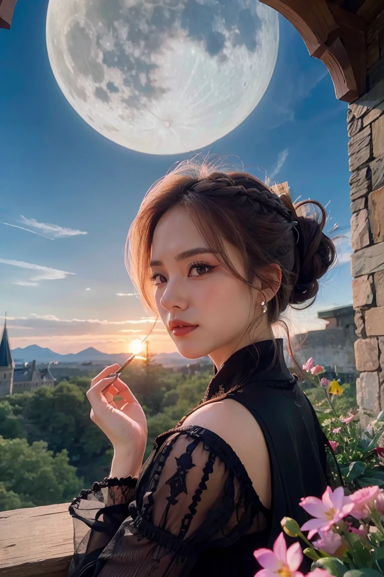 (masterpiece),(best quality), illustration, (fantasy:1.4), witch, cute detailed digital art, beautiful face, brown hair, hair up, castle, mountain, dark color long dress, a moon, flowers , paper_cut,1girl