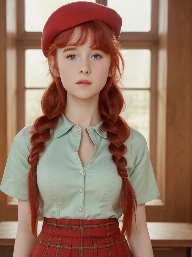 (best quality,4k,8k,highres,masterpiece:1.2),ultra-detailed,(realistic,photorealistic,photo-realistic:1.37), ((a girl in classroom, she wears shirt and skirt and beret, shy, braided red hair, pale skin)), ((slim body, very large bust size for her young age))