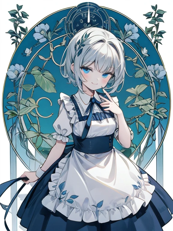 masterpiece, Highest quality, Very detailed, 16K, Ultra-high resolution, Cowboy Shot, Alice in Wonderland, (art nouveau:1.4), , Detailed face, (smile:1.5), Blue eyes, Silver Hair, Braiding, Shortcuts, Side Tail, Ribbon on head, Blue clothes, Plain white apron, In a room with a big clock, clock, 壁clock, Music Box