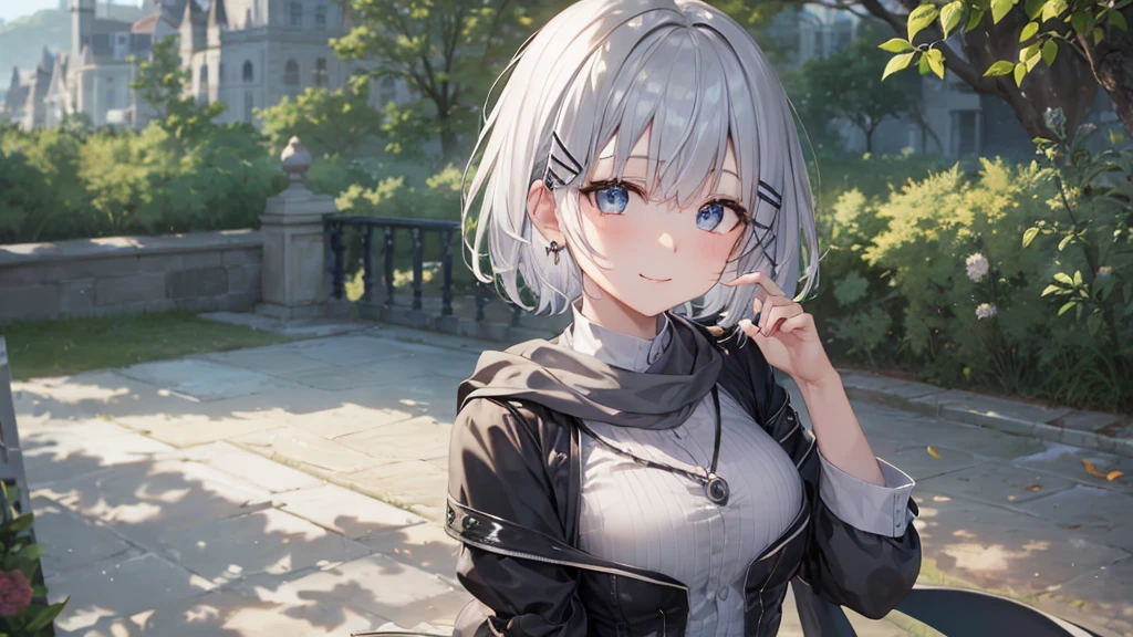 Her eyes were shining、Mysterious and enchanting atmosphere。With AI Painting、とてもShort Hair, Long bangs between the eyes, Very detailed,(masterpiece、Highest quality)、alone、Gray Hair、Fantasy, Silver Hair, Fantasyな風景、White shirt、smile、Open your mouth、Scarf、short hair、Short Hair、hairpin、black eye、Grey Eyes、Beautiful Eyes