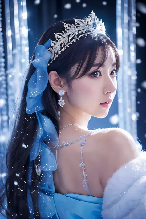 create a high-quality, hyper-realistic photo of a snow princess inside the most luxurious palace made of intricately shining tra...