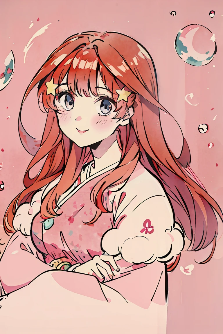 ((best quality)), ((masterpiece)), (detailed), perfect face, 1girl, nakano itsuki, smiling, whimsical, triad color pallette, looking at viewer, pink water droplets, smiling, flat colouring, full body, blank space on the left, fluffy red hair, star hairclips