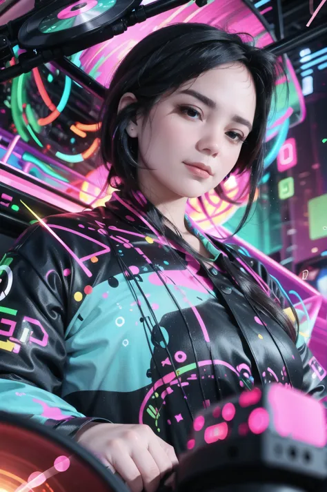 A WOMAN playing DJ music with a serious face but relaxed and calm face, surrounded by colorful, swirling lights. and She play DJ...
